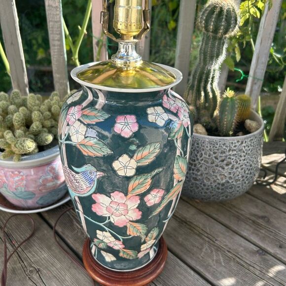 Vintage Chinoiserie Asian Lamp Blue Green Pink Bird Floral 25” Tall - Picture 5 of 16